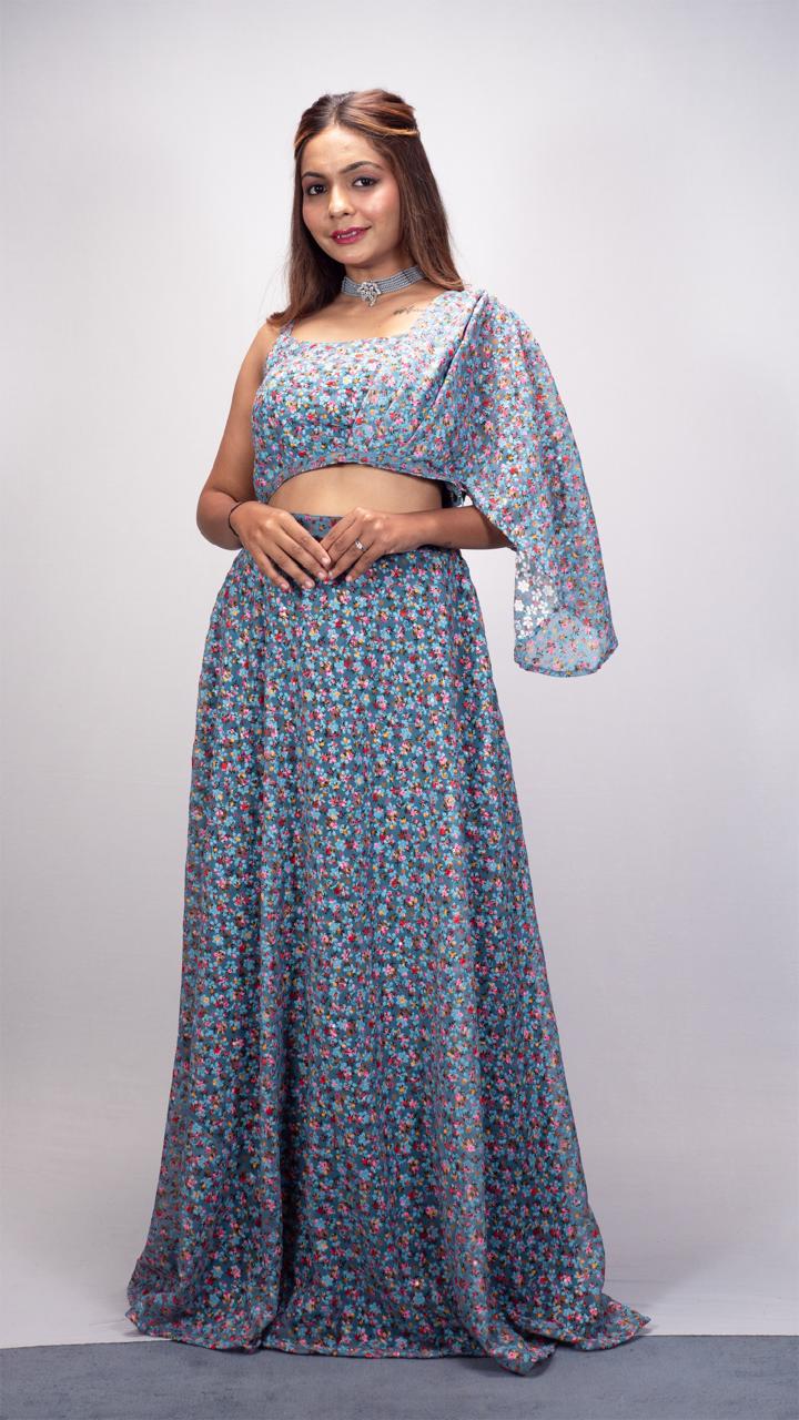 Printed Grey Color Chiffon Ethnic wear